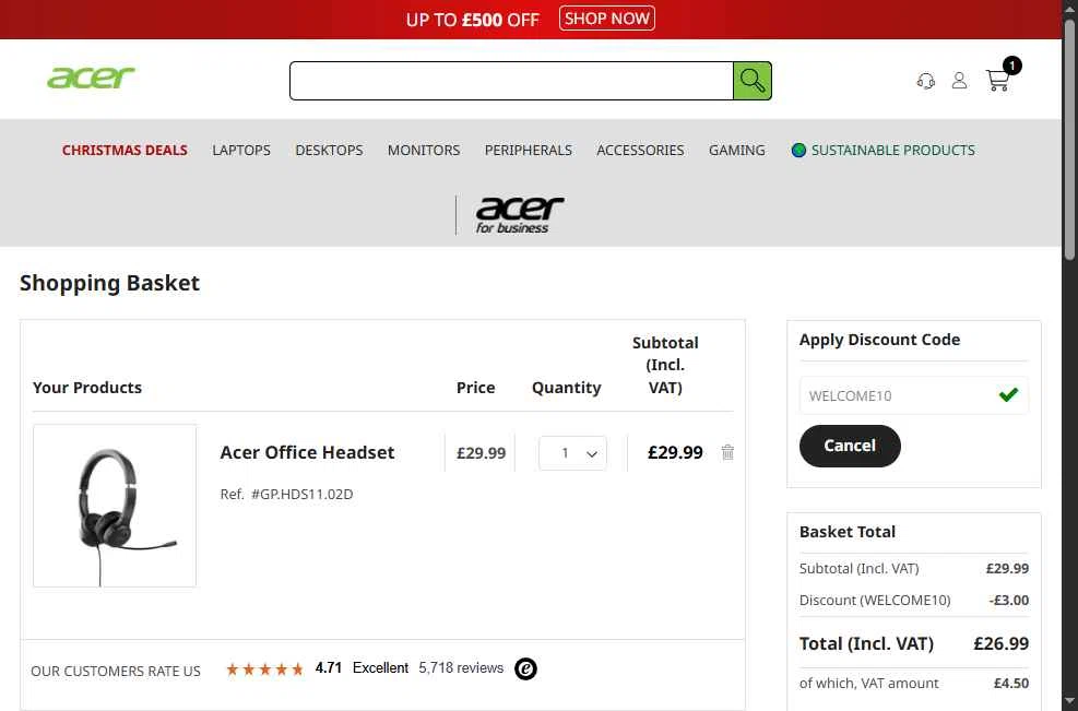 Acer checkout page showing Acer promo code box | Screenshot taken by SimplyCodes community member on Dec 22, 2025