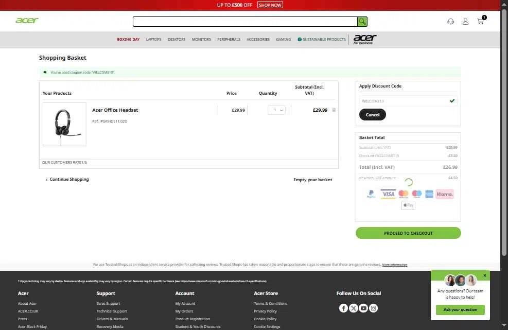 Acer checkout page showing Acer promo code box | Screenshot taken by SimplyCodes community member on Dec 30, 2025