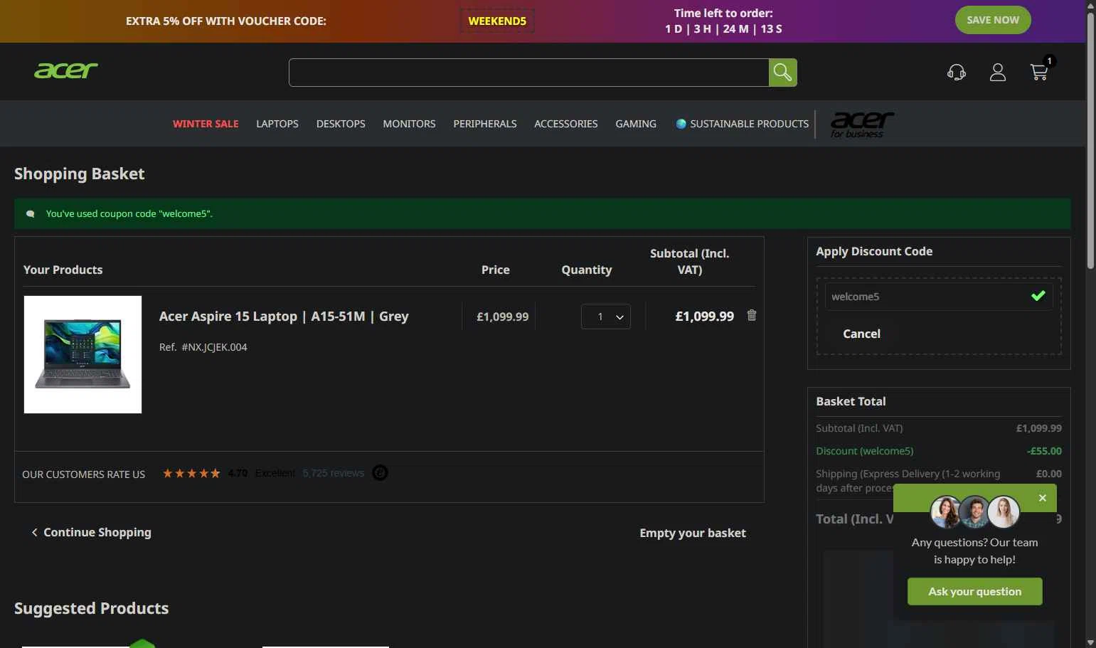 Acer checkout page showing Acer promo code box | Screenshot taken by SimplyCodes community member on Feb 9, 2026