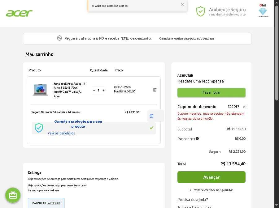 Acer checkout page showing Acer promo code box | Screenshot taken by SimplyCodes community member on Jan 14, 2026