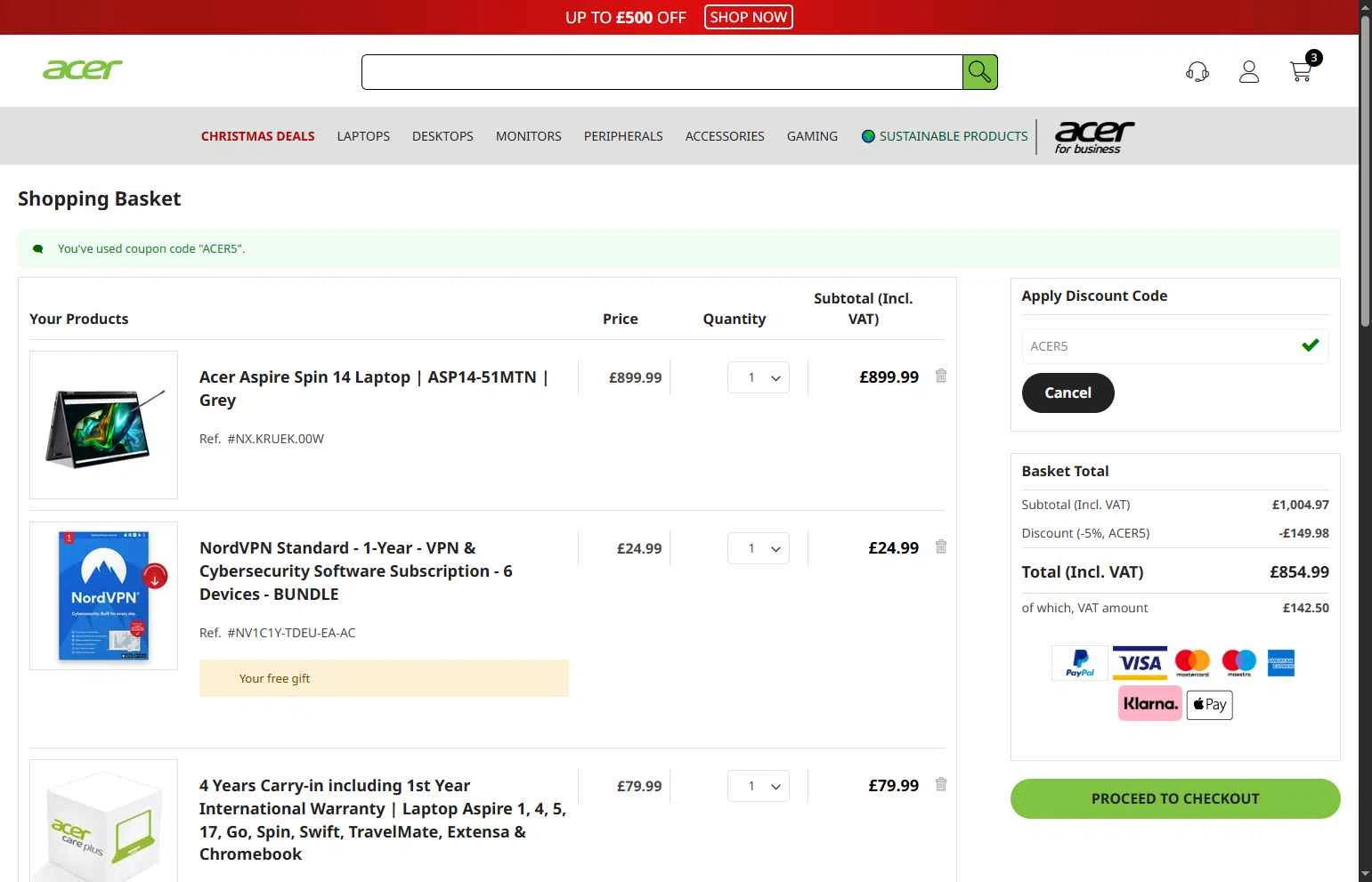 Acer checkout page showing Acer promo code box | Screenshot taken by SimplyCodes community member on Dec 11, 2025