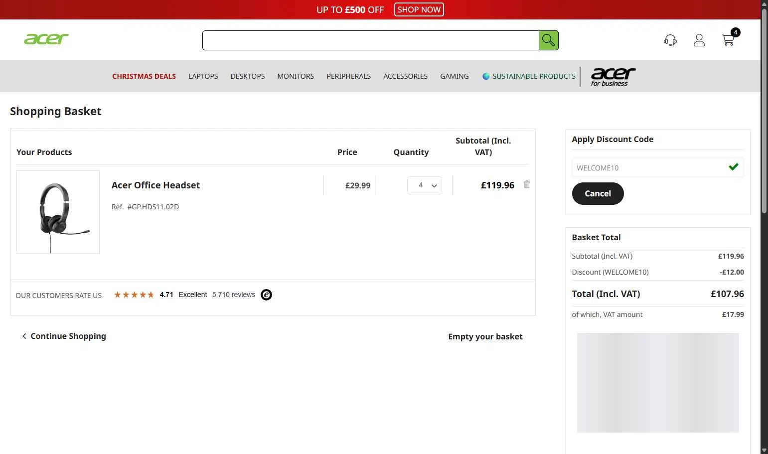 Acer checkout page showing Acer promo code box | Screenshot taken by SimplyCodes community member on Dec 3, 2025