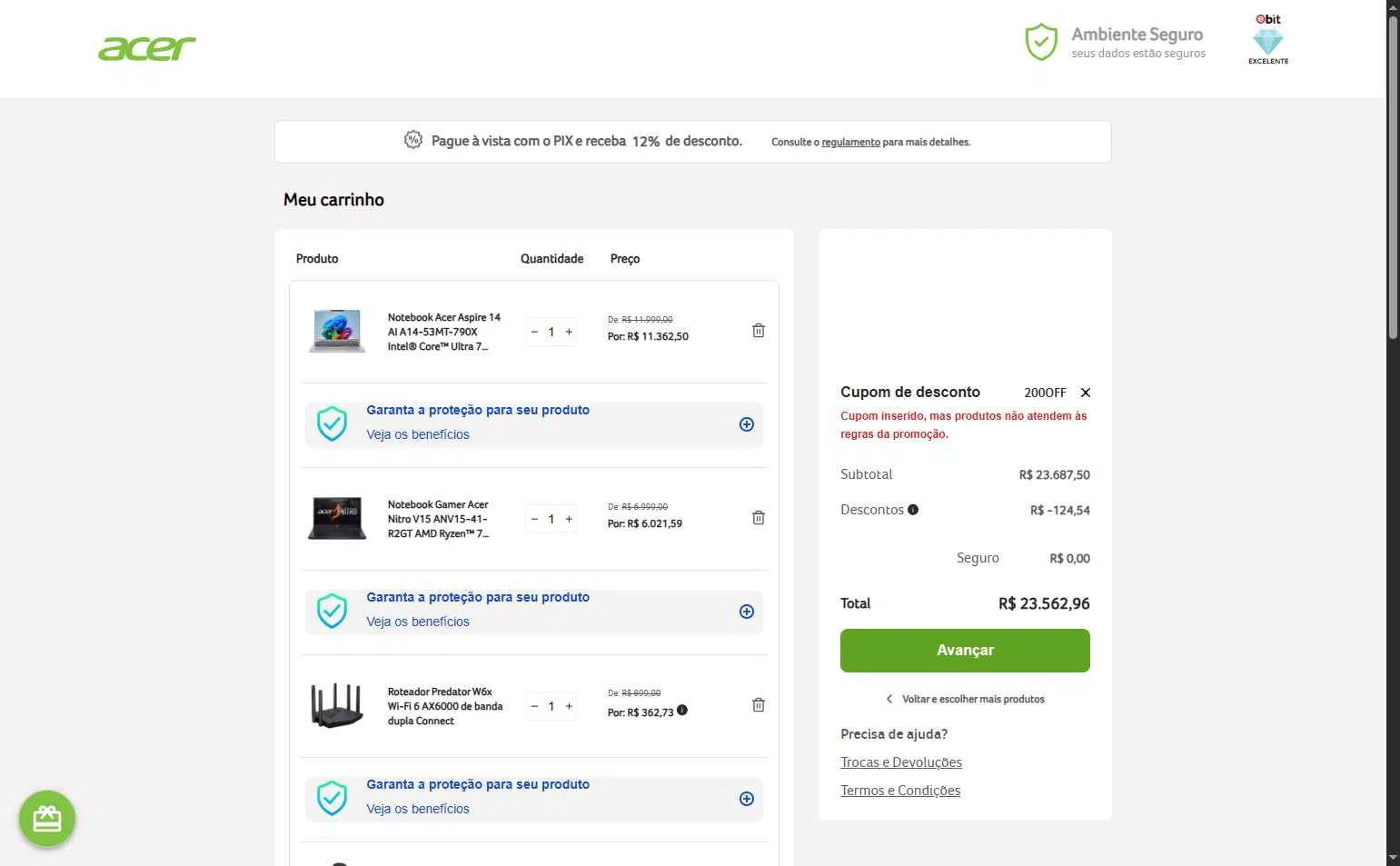 Acer checkout page showing Acer promo code box | Screenshot taken by SimplyCodes community member on Jan 18, 2026
