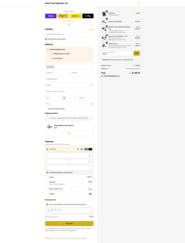 ACES FUEL INJECTION checkout page showing ACES FUEL INJECTION coupon code box | Screenshot taken by SimplyCodes community member on Sep 12, 2025