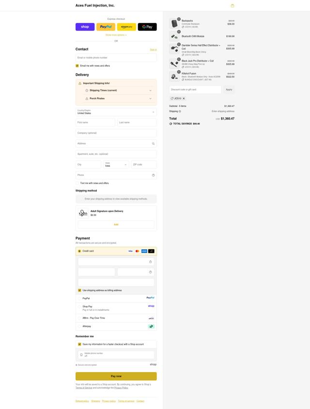 ACES FUEL INJECTION checkout page showing ACES FUEL INJECTION coupon code box | Screenshot taken by SimplyCodes community member on Sep 12, 2025