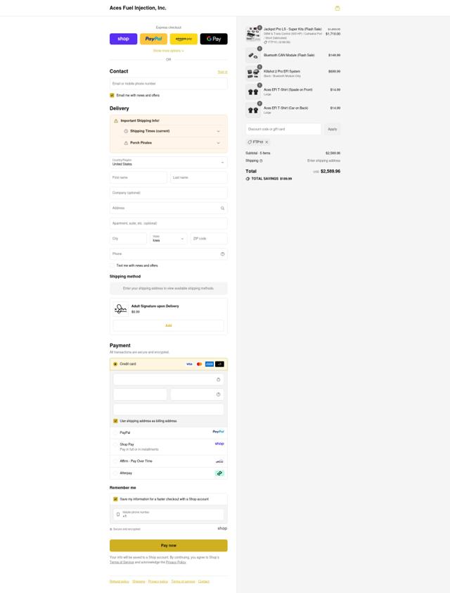 ACES FUEL INJECTION checkout page showing ACES FUEL INJECTION coupon code box | Screenshot taken by SimplyCodes community member on Sep 16, 2025