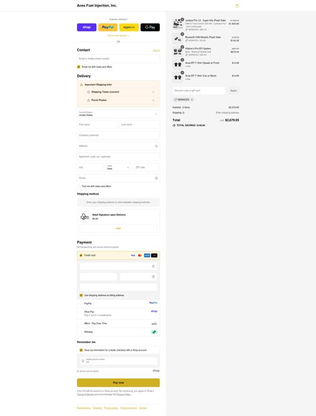 ACES FUEL INJECTION checkout page showing ACES FUEL INJECTION coupon code box | Screenshot taken by SimplyCodes community member on Sep 16, 2025