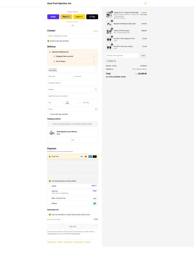 ACES FUEL INJECTION checkout page showing ACES FUEL INJECTION coupon code box | Screenshot taken by SimplyCodes community member on Sep 16, 2025