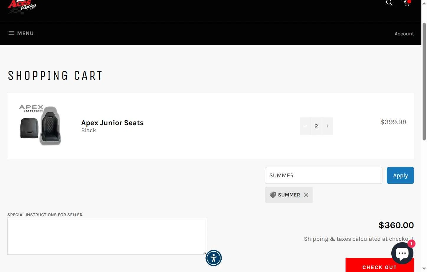 Aces Racing checkout page showing Aces Racing discount code box | Screenshot taken by SimplyCodes community member on Jun 5, 2025