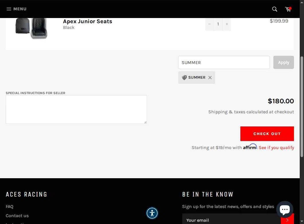 Aces Racing checkout page showing Aces Racing discount code box | Screenshot taken by SimplyCodes community member on Jun 5, 2025
