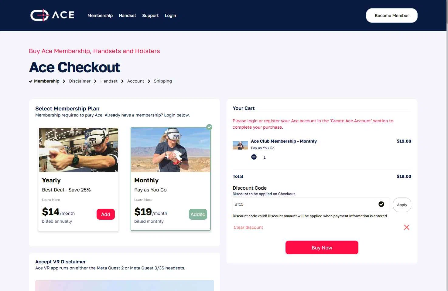 AceXR checkout page showing AceXR discount code box | Screenshot taken by SimplyCodes community member on Feb 17, 2026