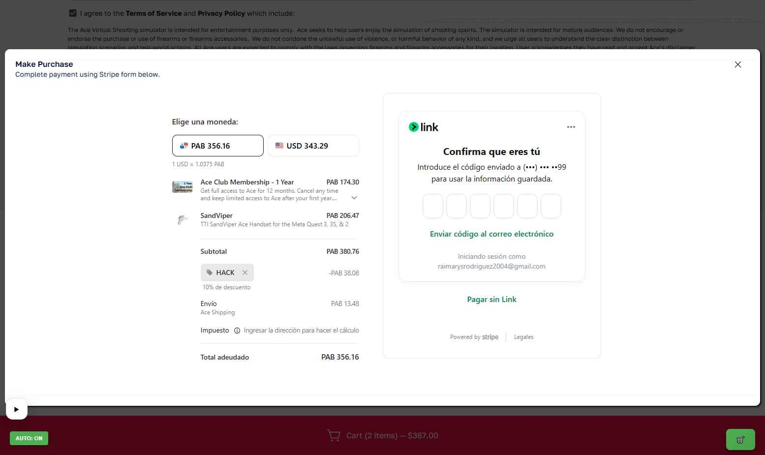 AceXR checkout page showing AceXR discount code box | Screenshot taken by SimplyCodes community member on Feb 6, 2026