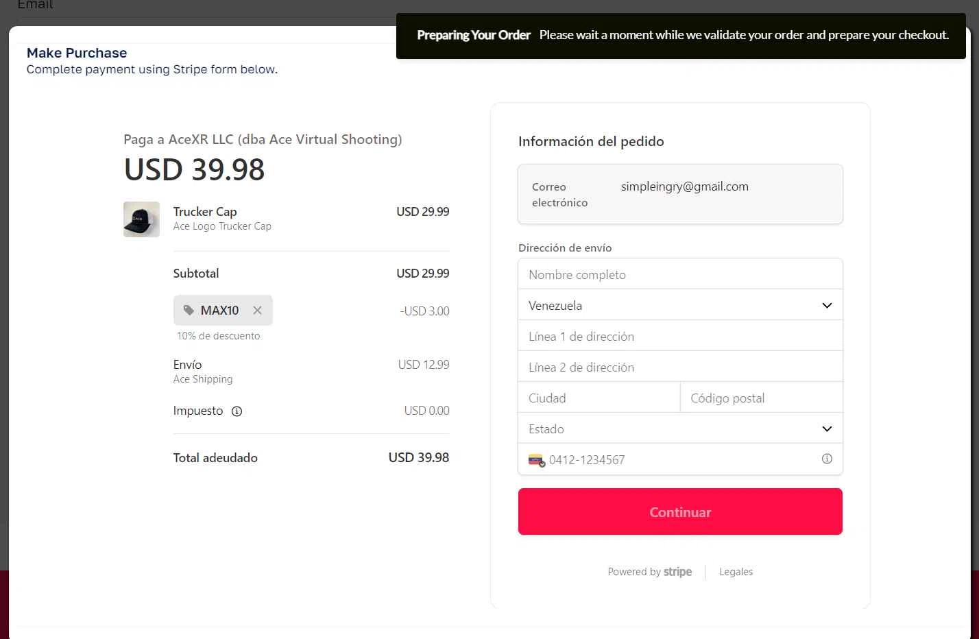 AceXR checkout page showing AceXR discount code box | Screenshot taken by SimplyCodes community member on Feb 2, 2026
