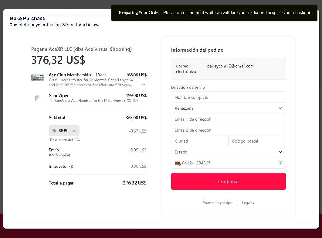 AceXR checkout page showing AceXR discount code box | Screenshot taken by SimplyCodes community member on Feb 11, 2026