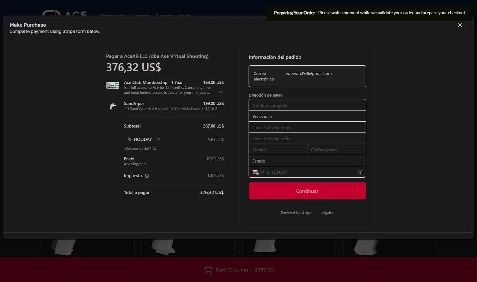 AceXR checkout page showing AceXR discount code box | Screenshot taken by SimplyCodes community member on Feb 9, 2026