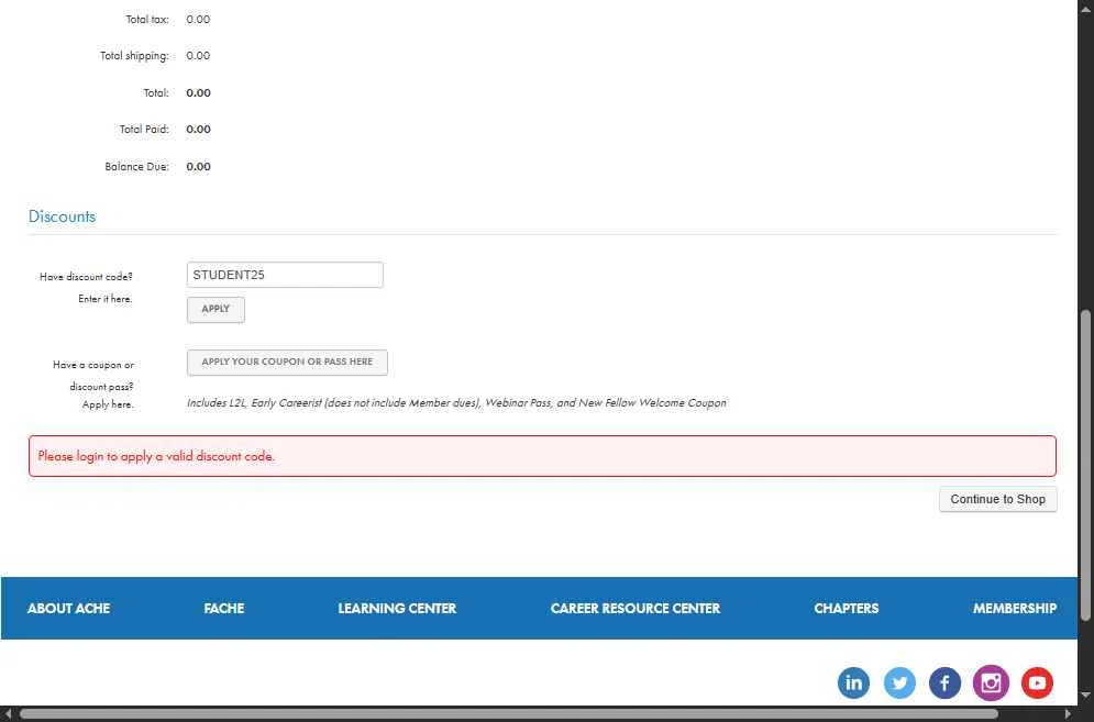 ACHE checkout page showing ACHE discount code box | Screenshot taken by SimplyCodes community member on May 2, 2025