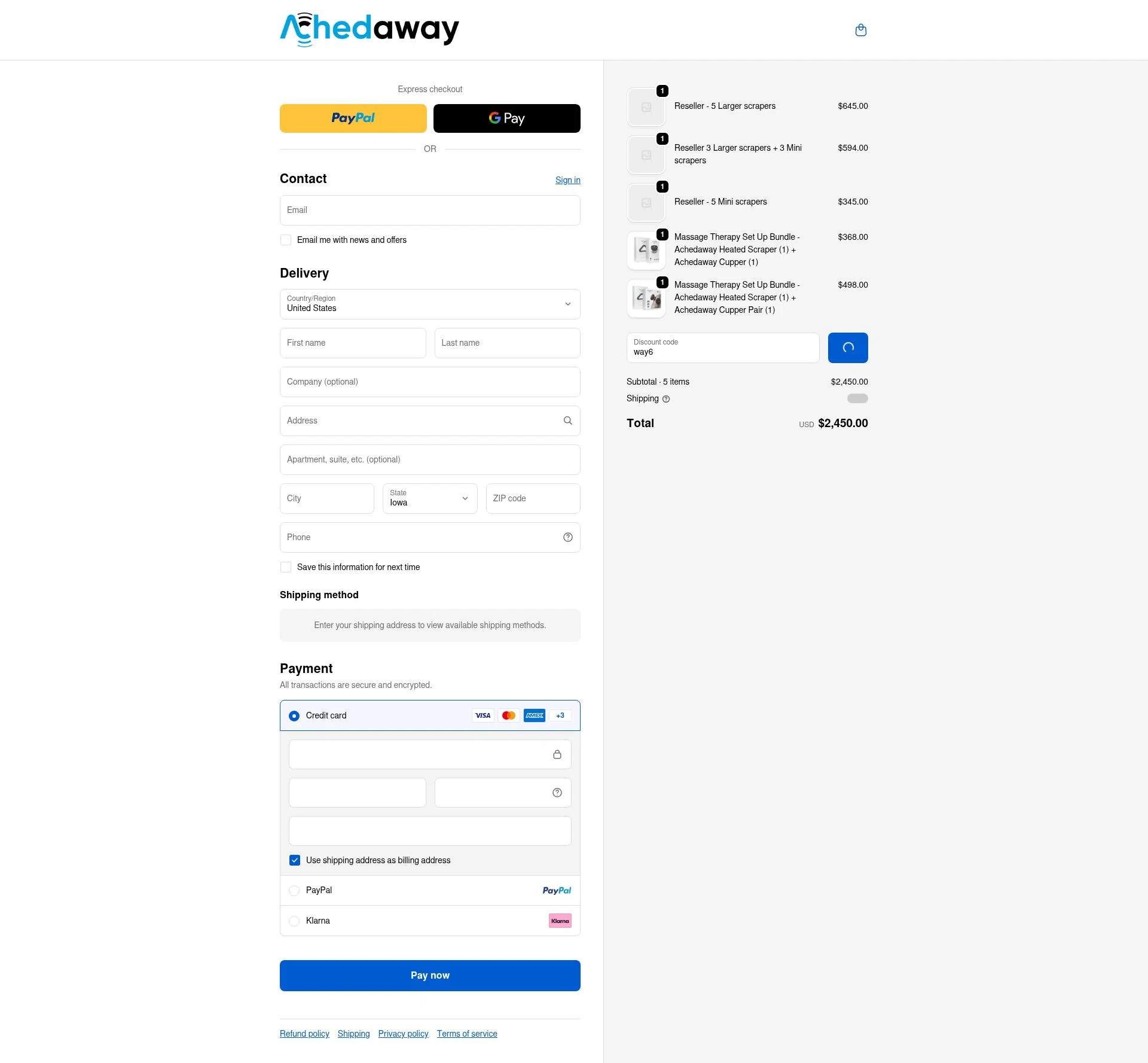 Achedaway checkout page showing Achedaway promo code box | Screenshot taken by SimplyCodes community member on Feb 9, 2026