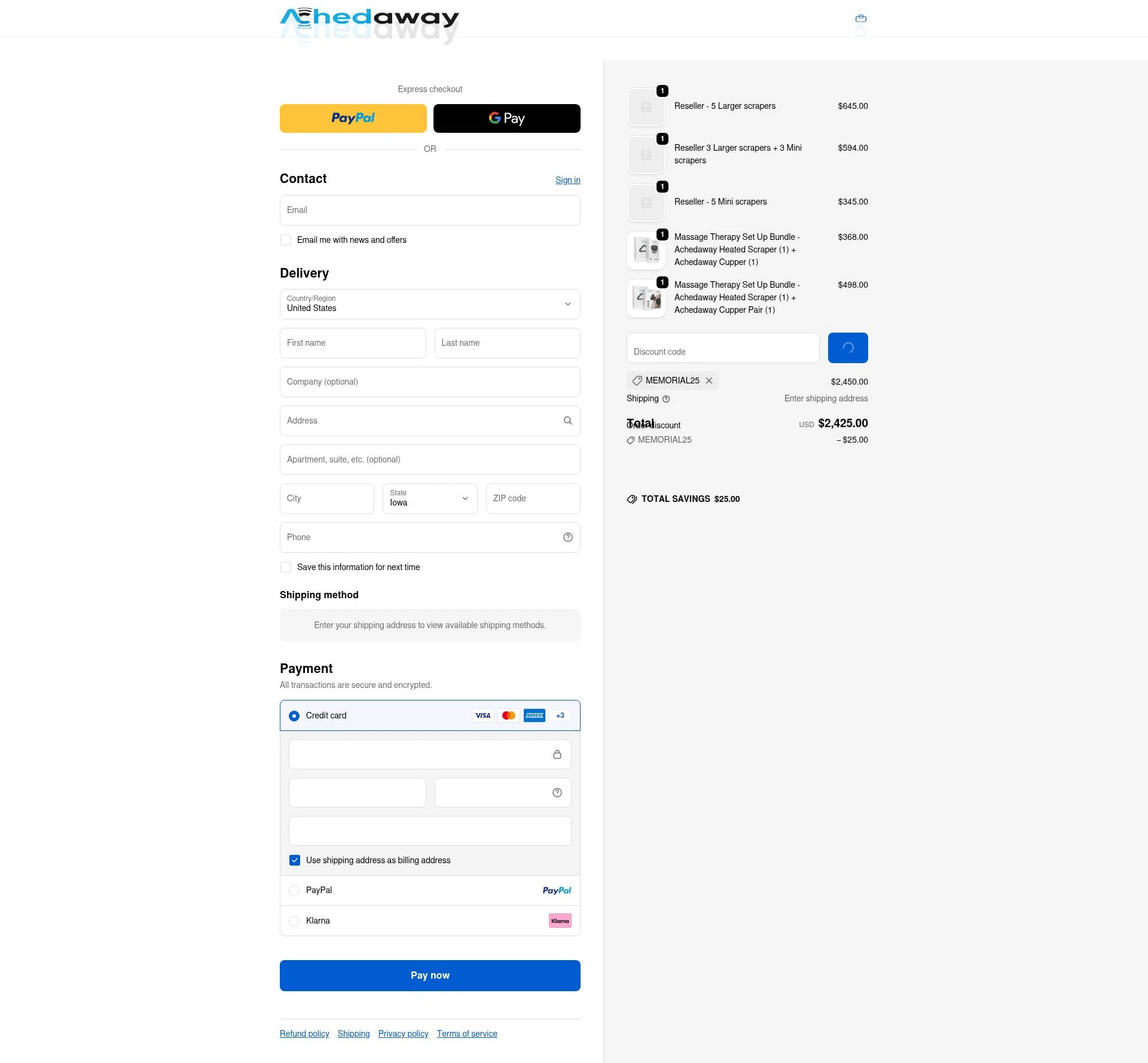 Achedaway checkout page showing Achedaway promo code box | Screenshot taken by SimplyCodes community member on Feb 9, 2026