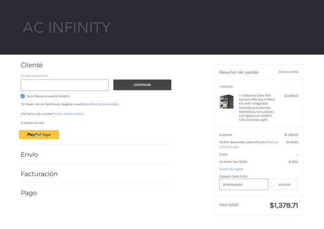 AC Infinity checkout page showing AC Infinity coupon code box | Screenshot taken by SimplyCodes community member on Sep 4, 2025