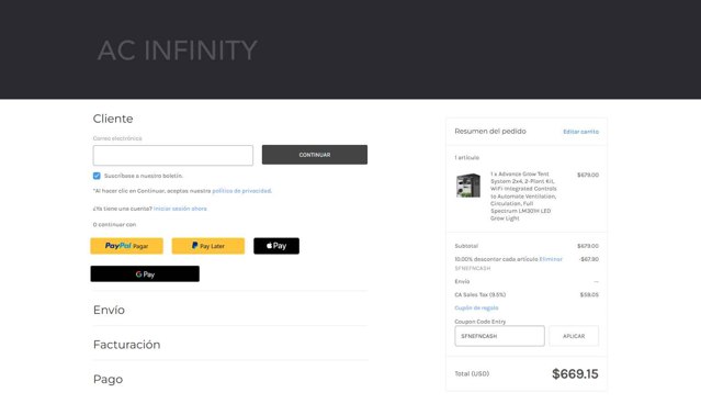 AC Infinity checkout page showing AC Infinity coupon code box | Screenshot taken by SimplyCodes community member on Sep 2, 2025