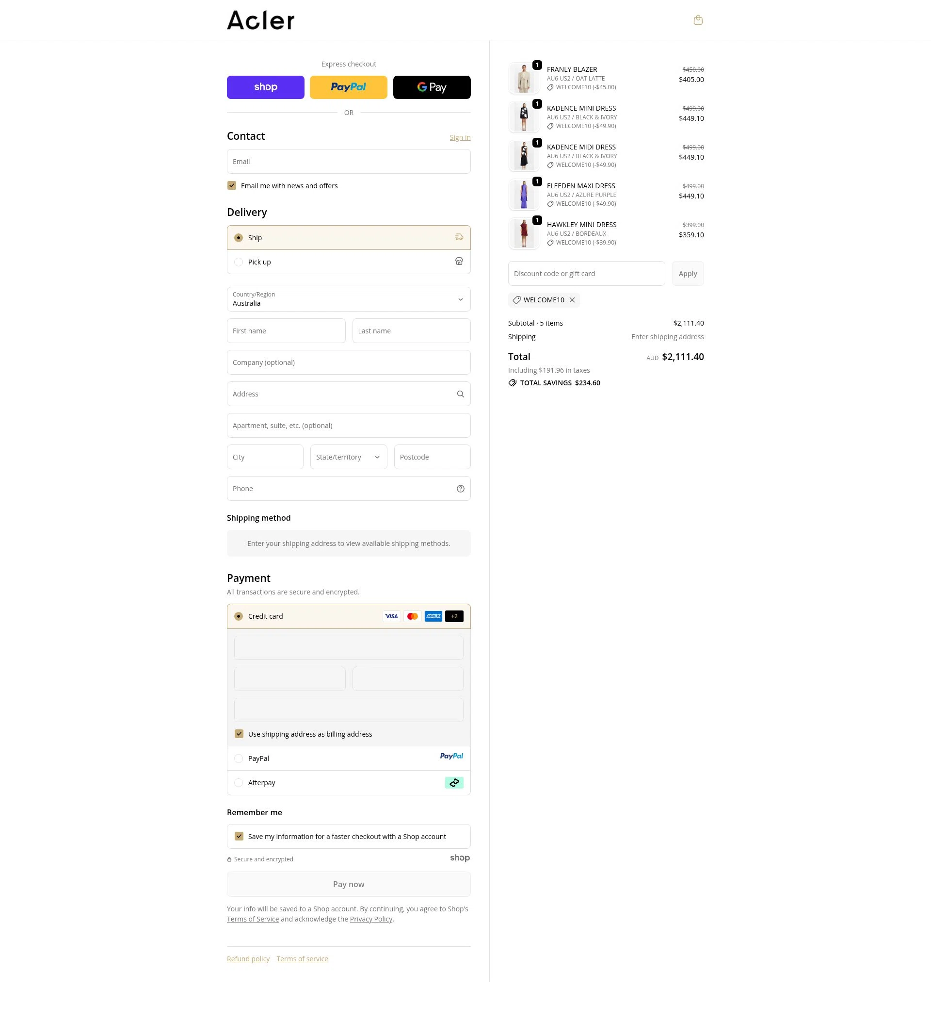 Acler checkout page showing Acler discount code box | Screenshot taken by SimplyCodes community member on Oct 3, 2025