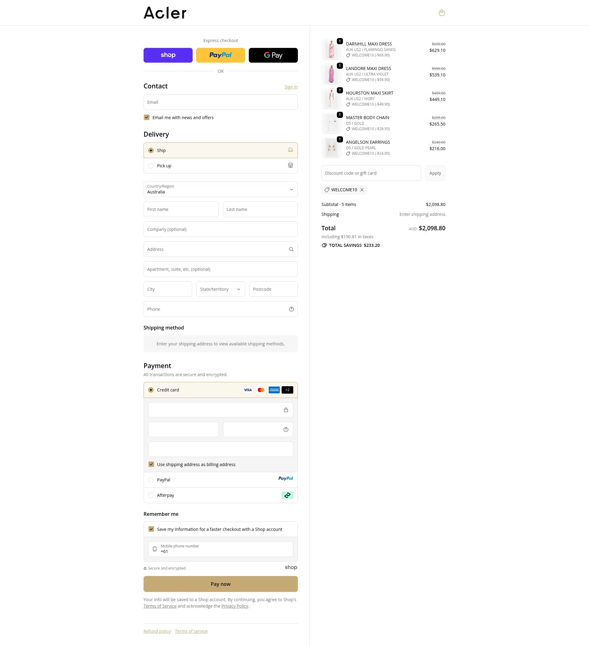 Acler checkout page showing Acler discount code box | Screenshot taken by SimplyCodes community member on Sep 21, 2025