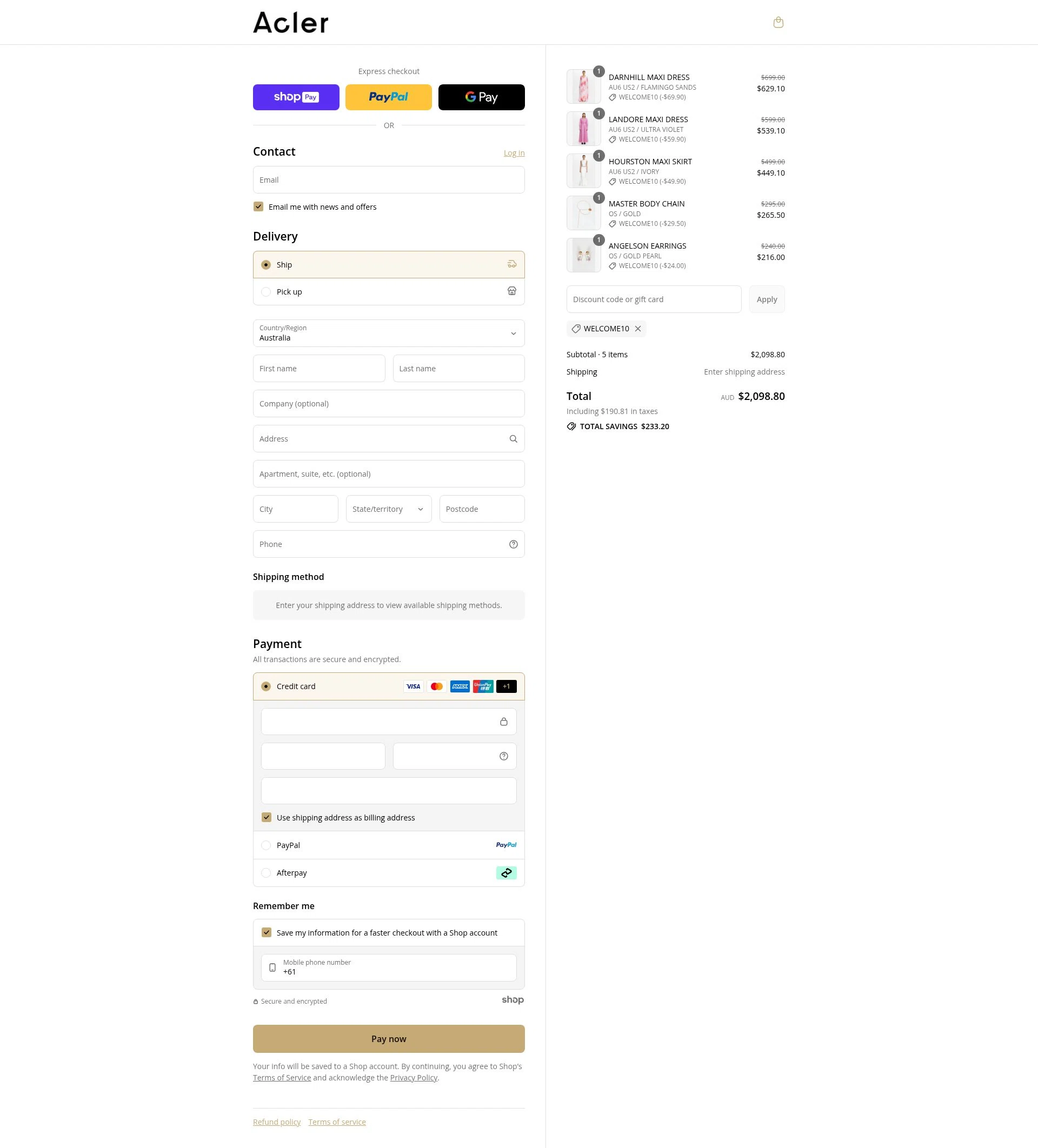 Acler checkout page showing Acler discount code box | Screenshot taken by SimplyCodes community member on Aug 27, 2025