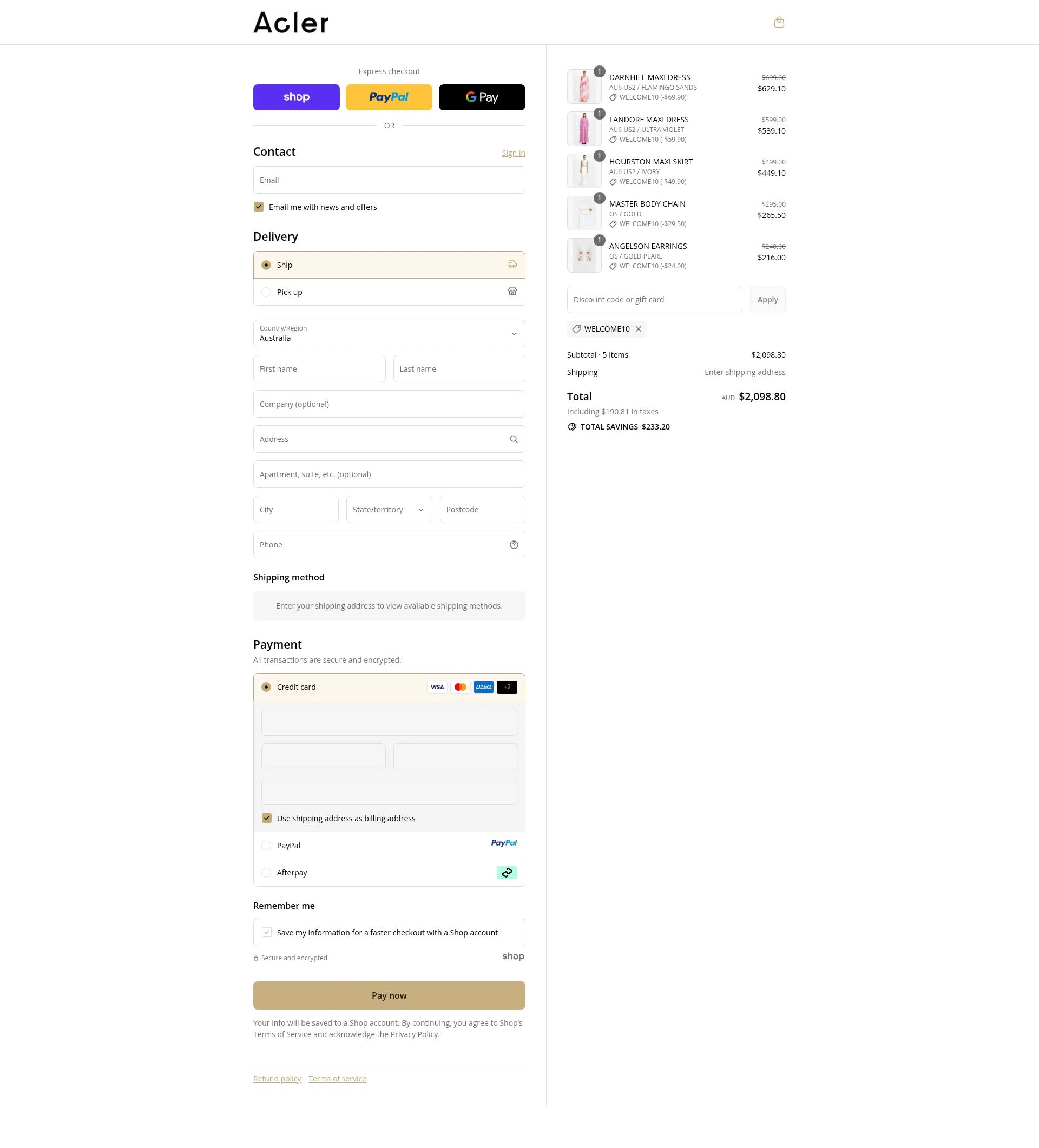 Acler checkout page showing Acler discount code box | Screenshot taken by SimplyCodes community member on Sep 12, 2025