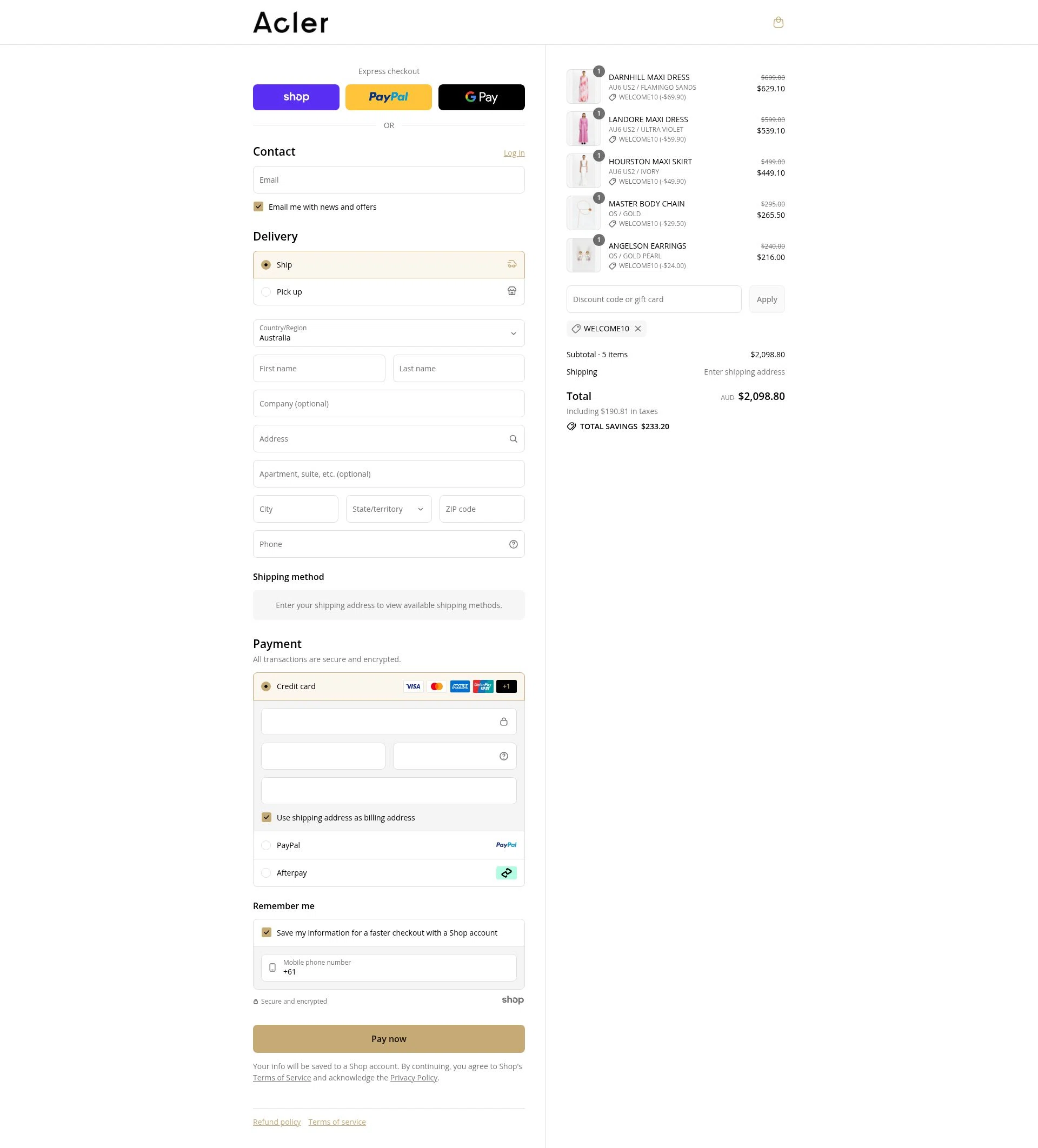 Acler checkout page showing Acler discount code box | Screenshot taken by SimplyCodes community member on Sep 4, 2025