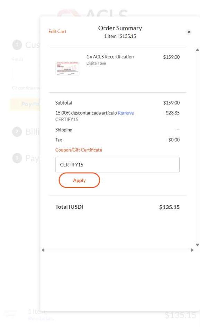 ACLS Certification Institute checkout page showing ACLS Certification Institute promo code box | Screenshot taken by SimplyCodes community member on Aug 22, 2025