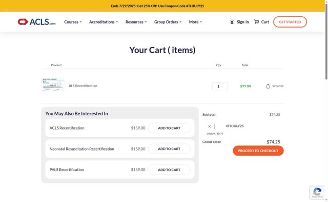 ACLS Certification Institute checkout page showing ACLS Certification Institute promo code box | Screenshot taken by SimplyCodes community member on Jul 13, 2025