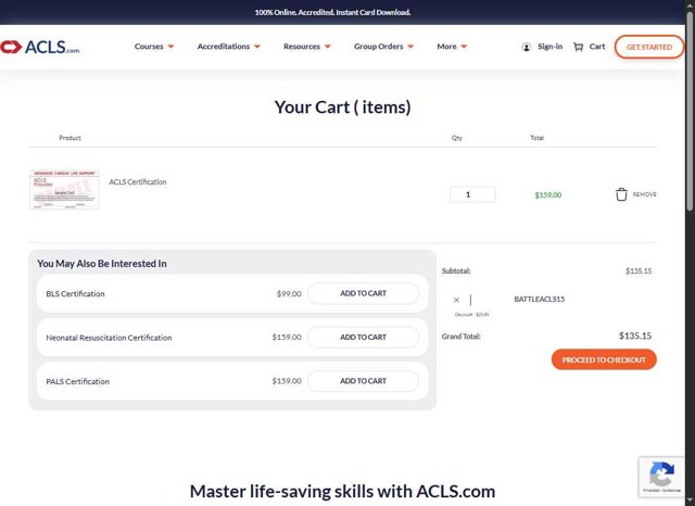 ACLS Certification Institute checkout page showing ACLS Certification Institute promo code box | Screenshot taken by SimplyCodes community member on Aug 22, 2025