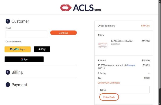 ACLS Certification Institute checkout page showing ACLS Certification Institute promo code box | Screenshot taken by SimplyCodes community member on Aug 14, 2025