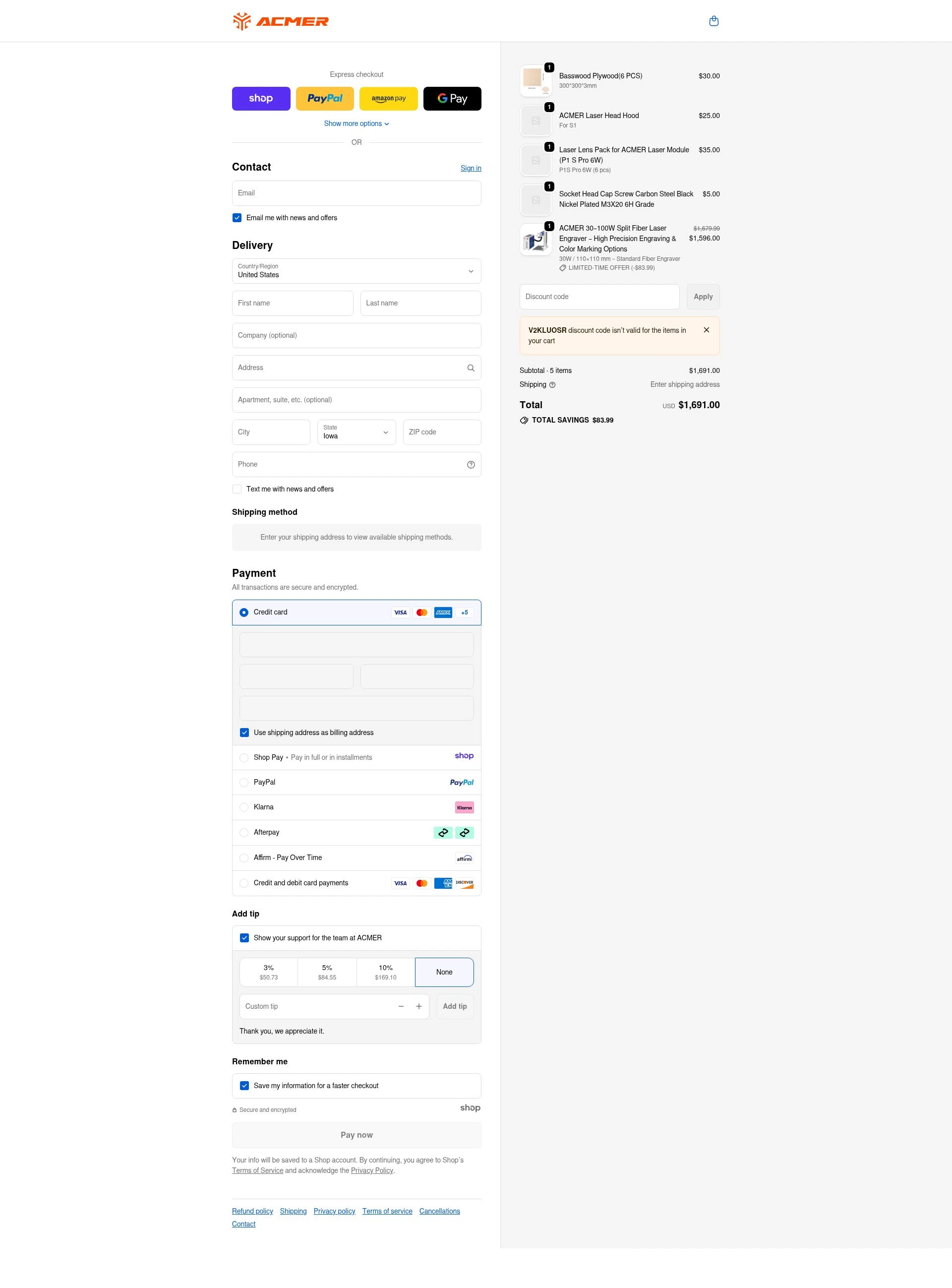 ACMER checkout page showing ACMER promo code box | Screenshot taken by SimplyCodes community member on Jan 3, 2026