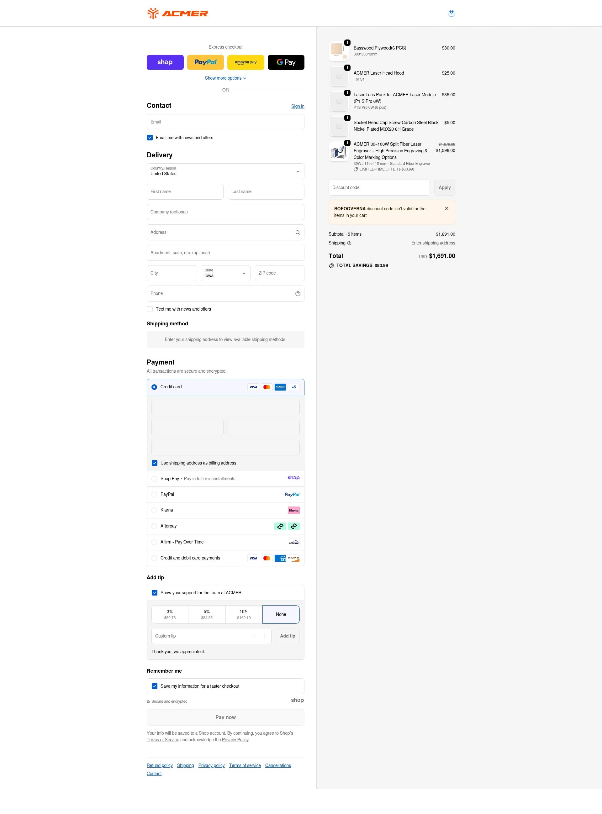 ACMER checkout page showing ACMER promo code box | Screenshot taken by SimplyCodes community member on Jan 3, 2026