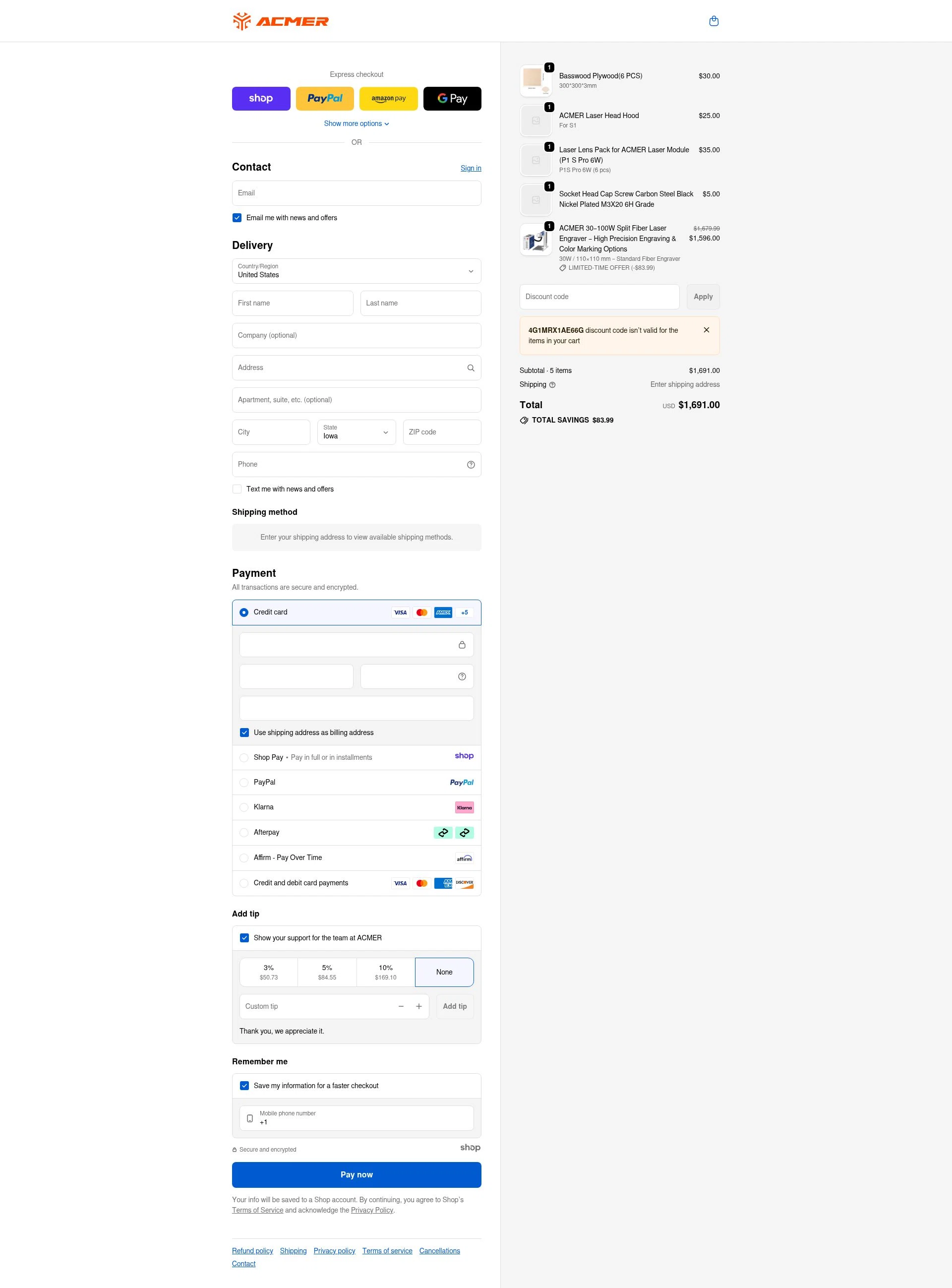 ACMER checkout page showing ACMER promo code box | Screenshot taken by SimplyCodes community member on Jan 3, 2026