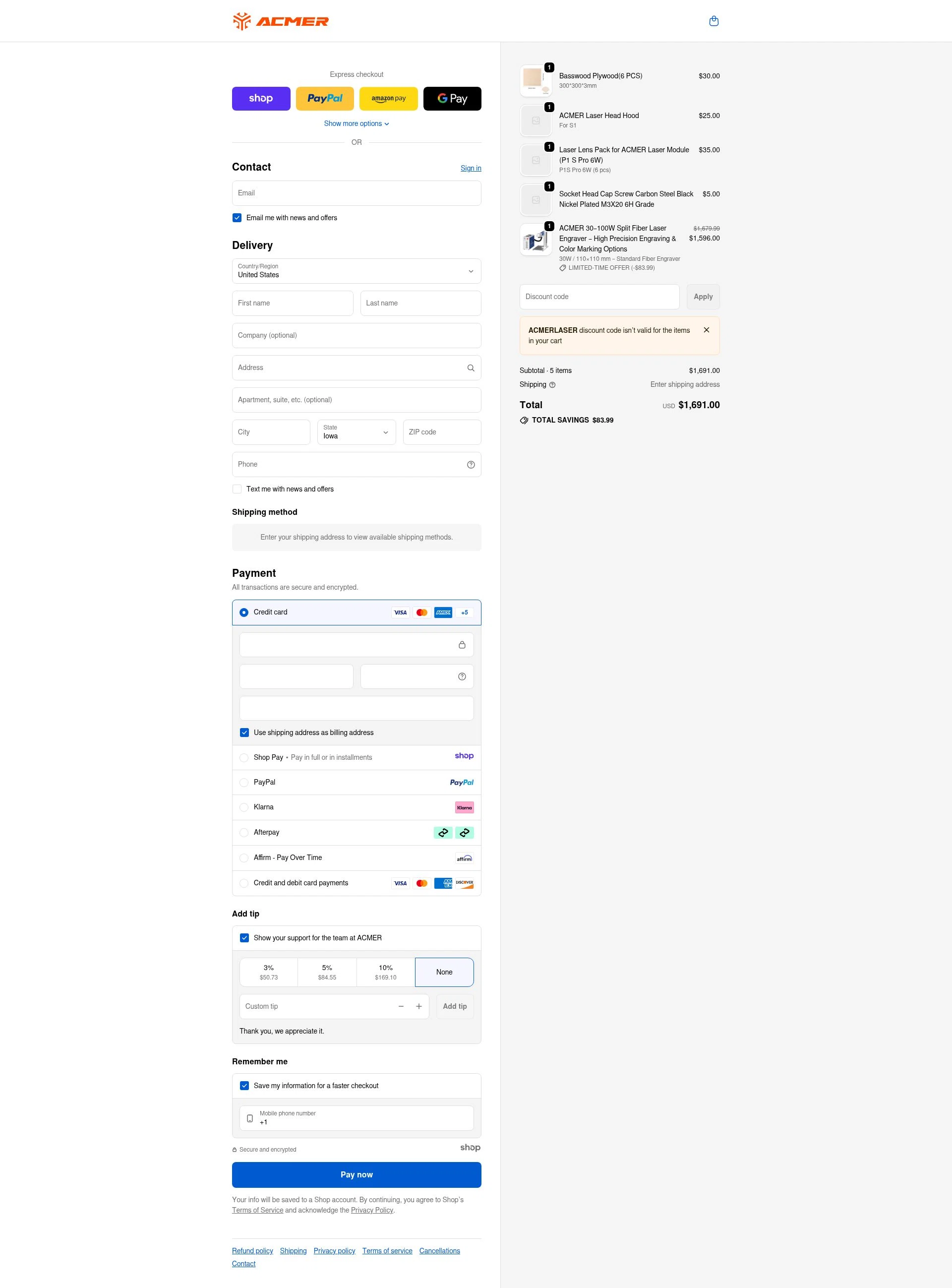ACMER checkout page showing ACMER promo code box | Screenshot taken by SimplyCodes community member on Jan 3, 2026