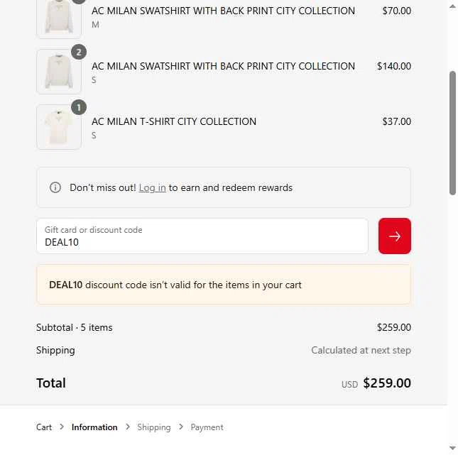 AC Milan Store checkout page showing AC Milan Store discount code box | Screenshot taken by SimplyCodes community member on May 7, 2025