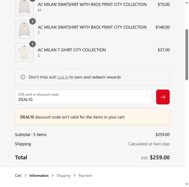 AC Milan Store checkout page showing AC Milan Store discount code box | Screenshot taken by SimplyCodes community member on May 7, 2025