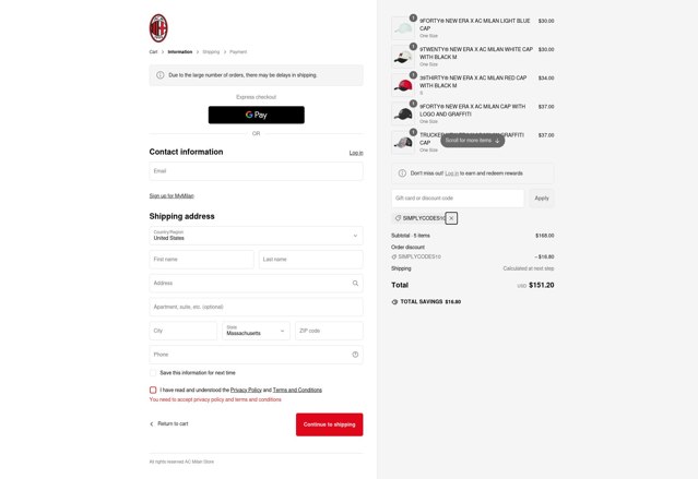 AC Milan Store checkout page showing AC Milan Store discount code box | Screenshot taken by SimplyCodes community member on Feb 17, 2025