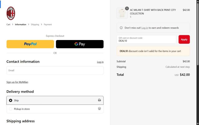AC Milan Store checkout page showing AC Milan Store discount code box | Screenshot taken by SimplyCodes community member on May 15, 2025