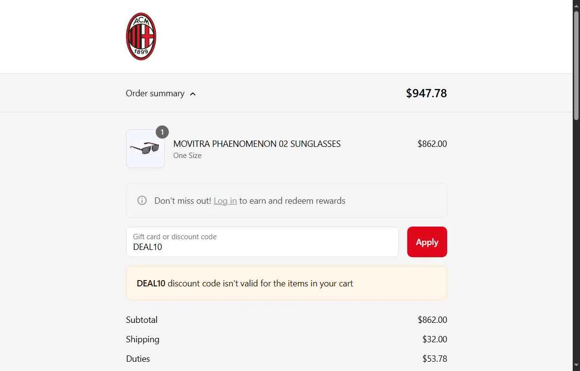 AC Milan Store checkout page showing AC Milan Store discount code box | Screenshot taken by SimplyCodes community member on May 15, 2025