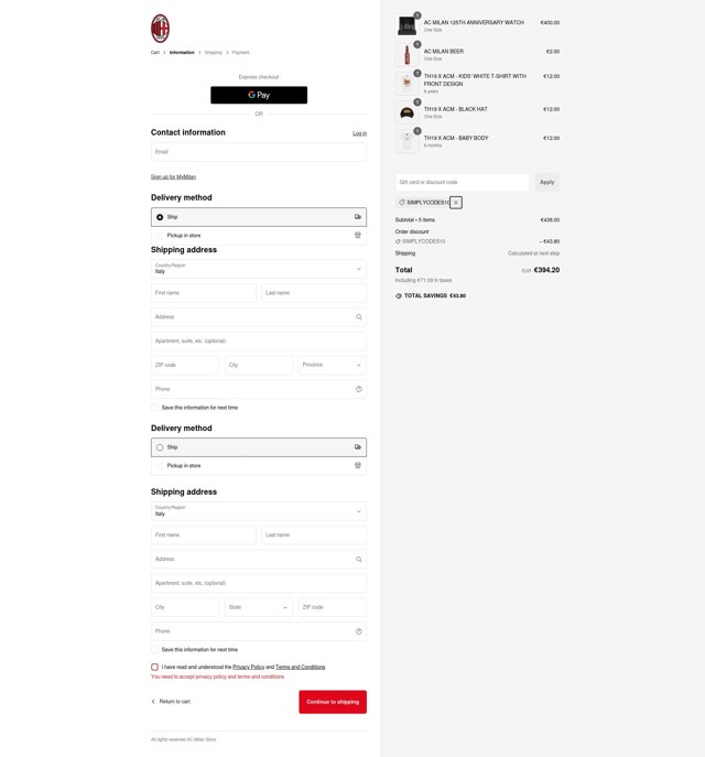 AC Milan Store checkout page showing AC Milan Store discount code box | Screenshot taken by SimplyCodes community member on Jan 12, 2025
