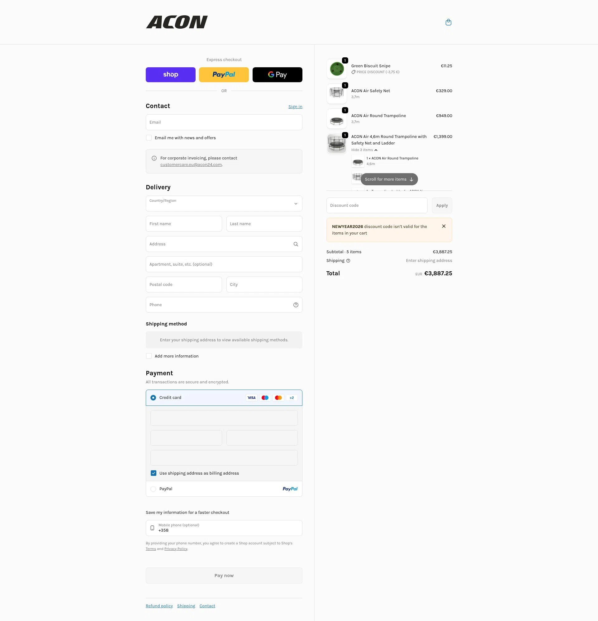 Acon24.com checkout page showing Acon24.com discount code box | Screenshot taken by SimplyCodes community member on Feb 20, 2026