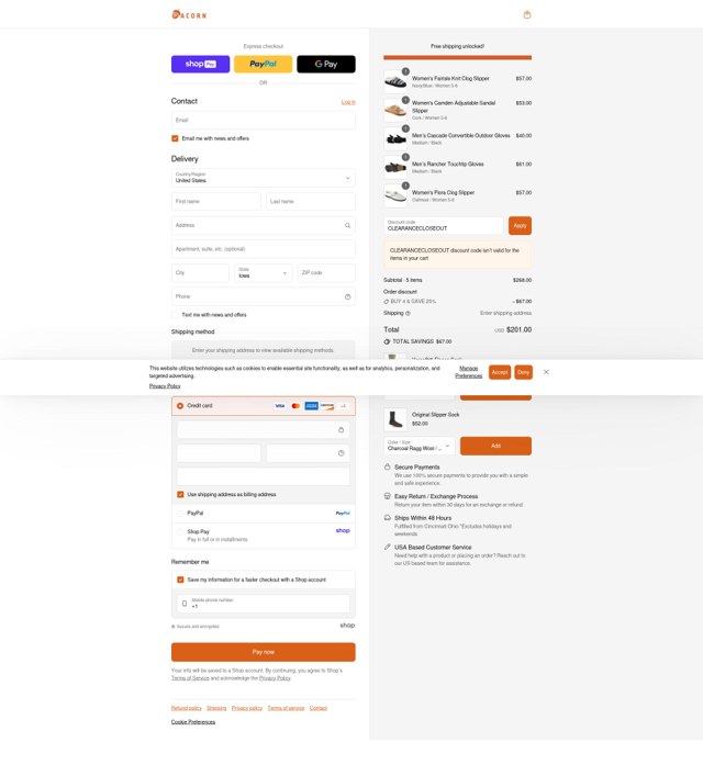 Acorn checkout page showing Acorn promo code box | Screenshot taken by SimplyCodes community member on Aug 28, 2025