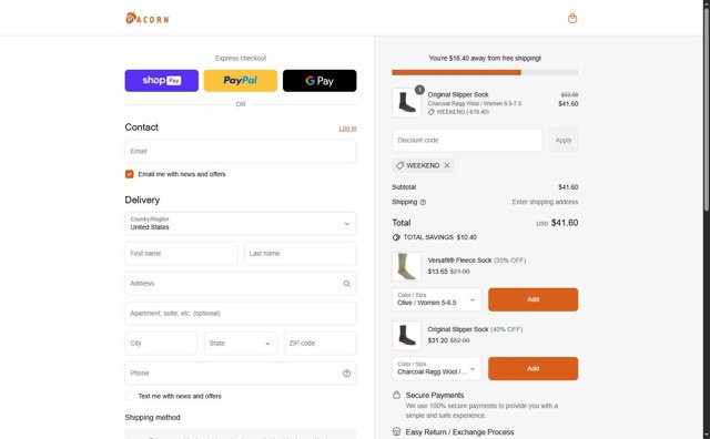 Acorn checkout page showing Acorn promo code box | Screenshot taken by SimplyCodes community member on Aug 25, 2025