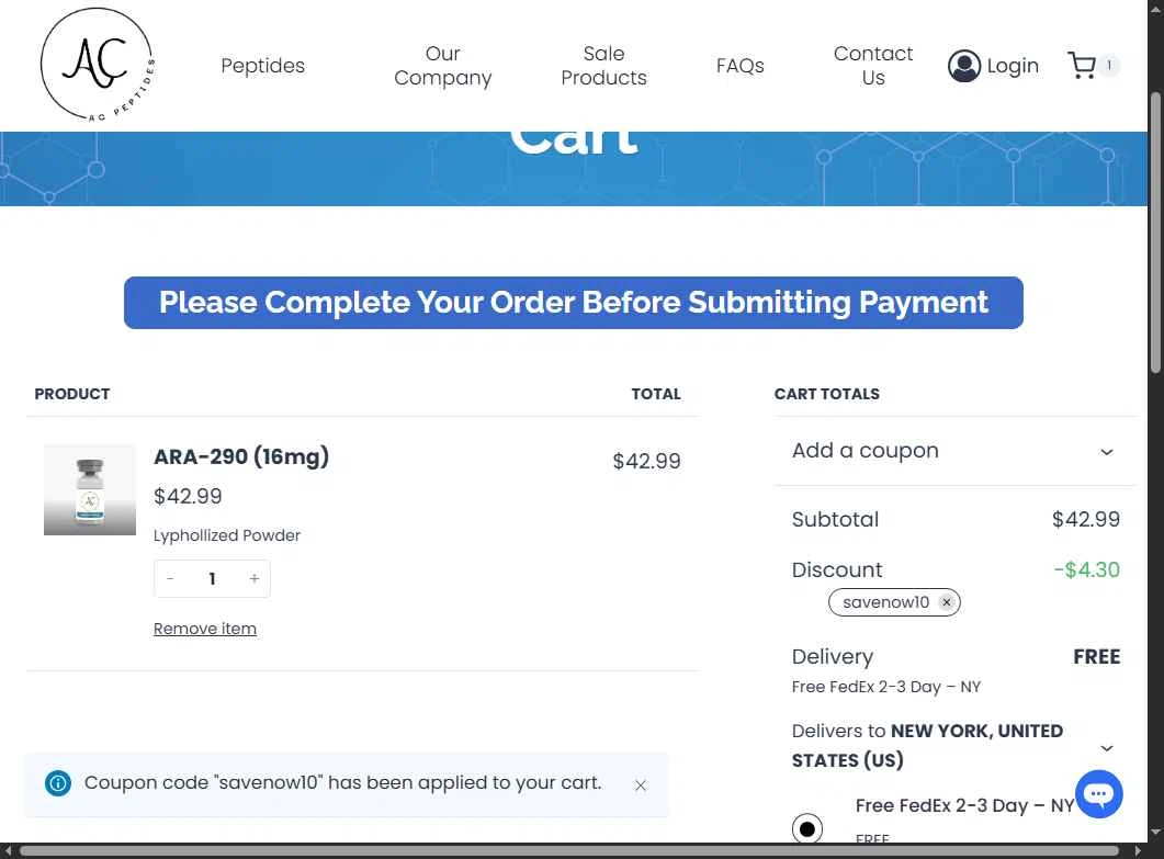 AC Peptides checkout page showing AC Peptides coupon code box | Screenshot taken by SimplyCodes community member on Jul 8, 2025