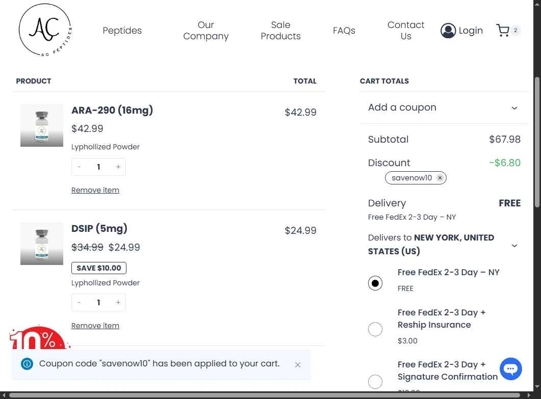 AC Peptides checkout page showing AC Peptides coupon code box | Screenshot taken by SimplyCodes community member on Jul 8, 2025