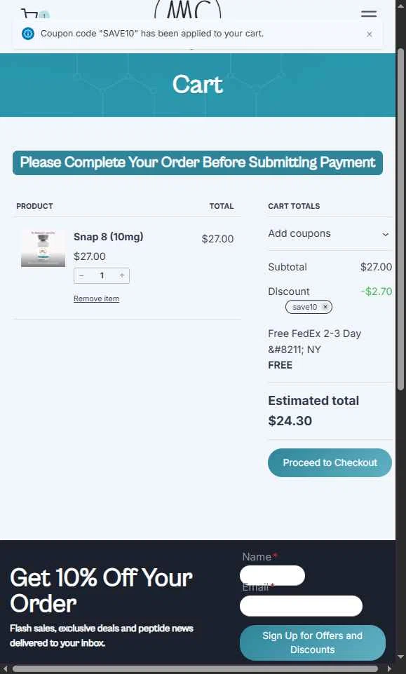 AC Peptides checkout page showing AC Peptides coupon code box | Screenshot taken by SimplyCodes community member on Aug 22, 2025