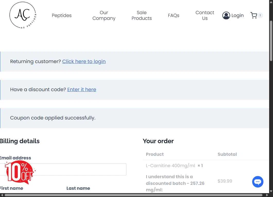 AC Peptides checkout page showing AC Peptides coupon code box | Screenshot taken by SimplyCodes community member on Jul 8, 2025